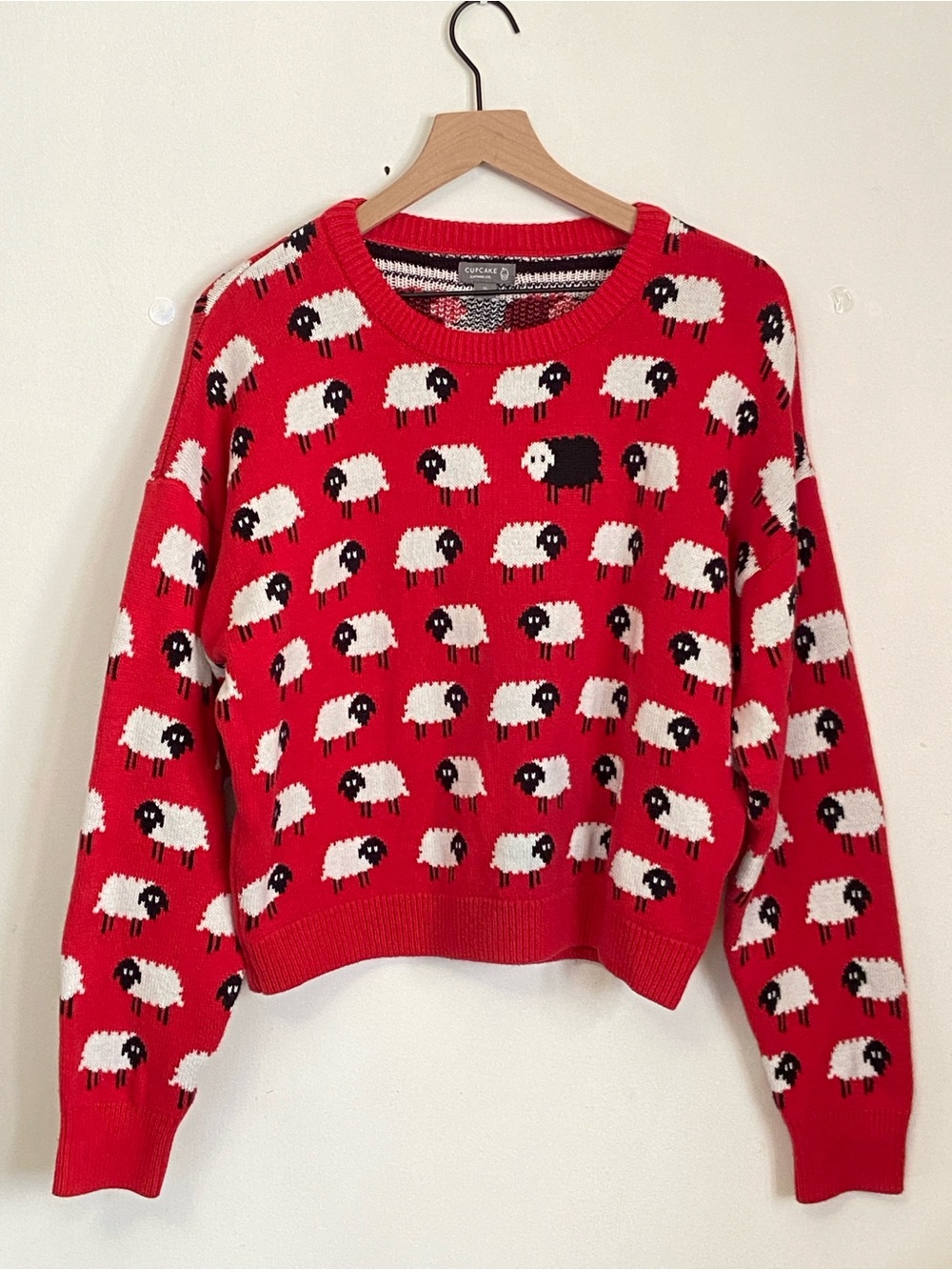 Cupcake Clothing Red Princess Diana Sheep Sweater Knit XL Black Sheep Pattern